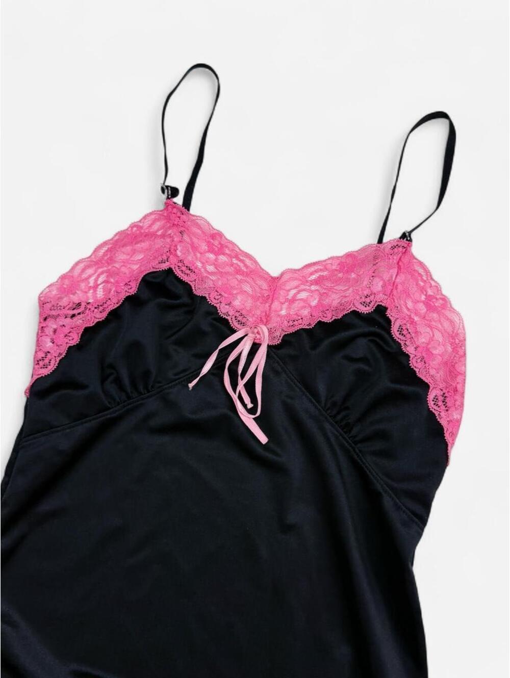 Vintage Y2K Black Pink Lace Trim Satin Cami Tank Top